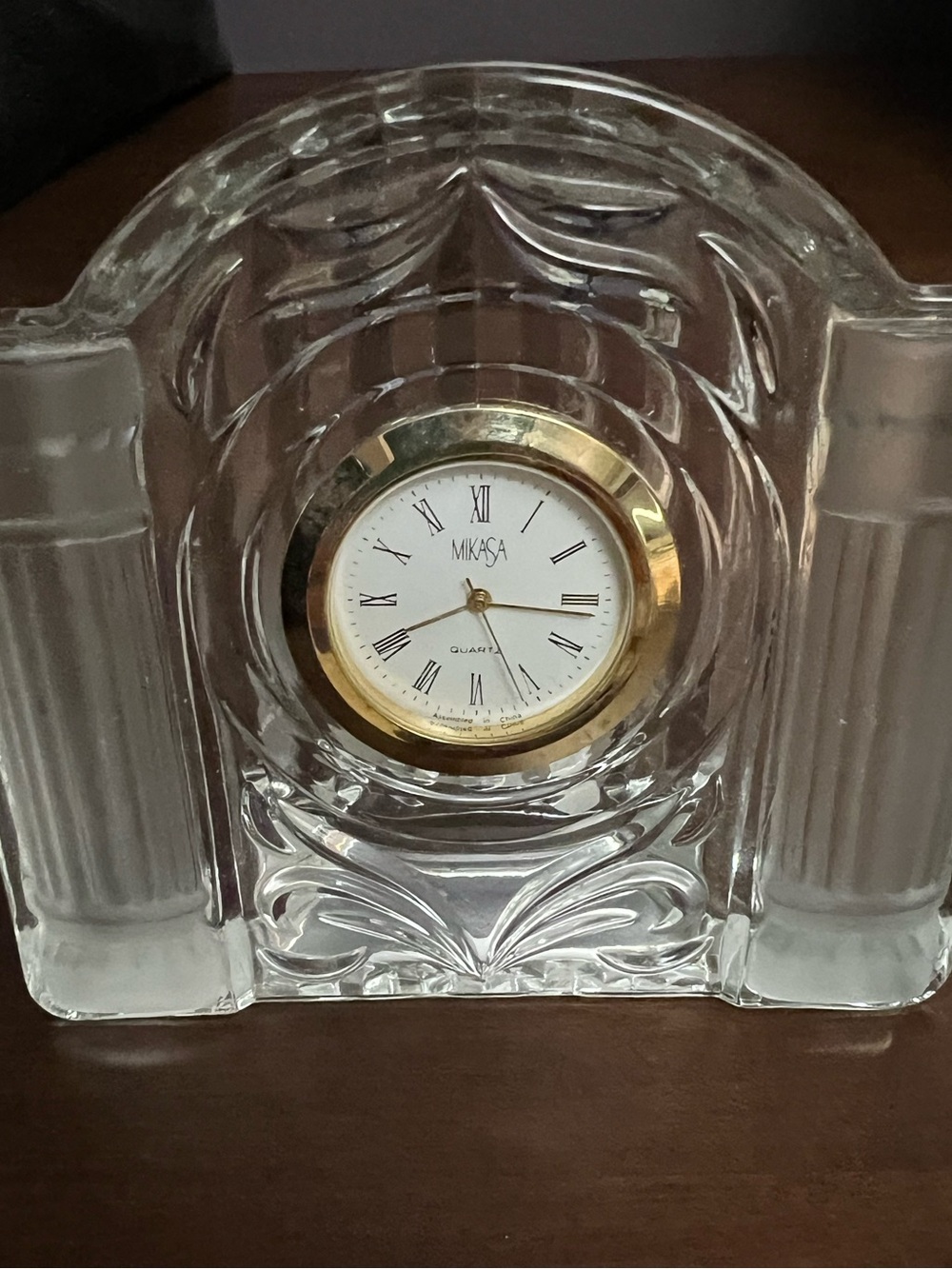 Vintage Mikasa Cotillion Frost crystal mantle clock, frosted column